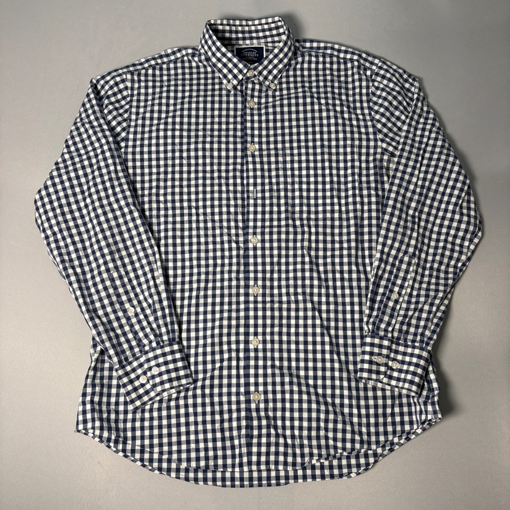 Charles Tyrwhitt Mens Slim Fit Non-Iron Gingham Cotton Shirt Navy White Large